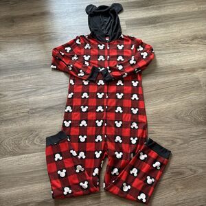Disney 100 Buffalo Plaid Mickey One Piece Pajamas With Hood Unisex Size Large